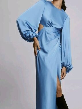 Anthropologie Blue Satin Long-Sleeve Cutout Evening Dress